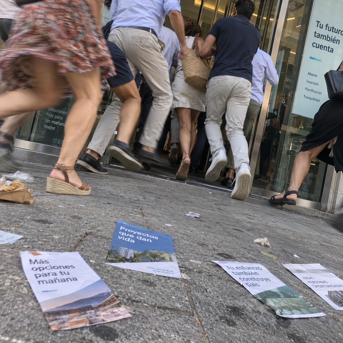 Personas entrando rápidamente en un edificio vistas desde un ángulo bajo con folletos en el suelo