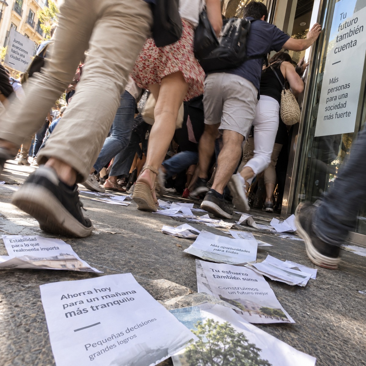 Escena urbana de acceso a una entrada concurrida con movimiento y papeles en el suelo